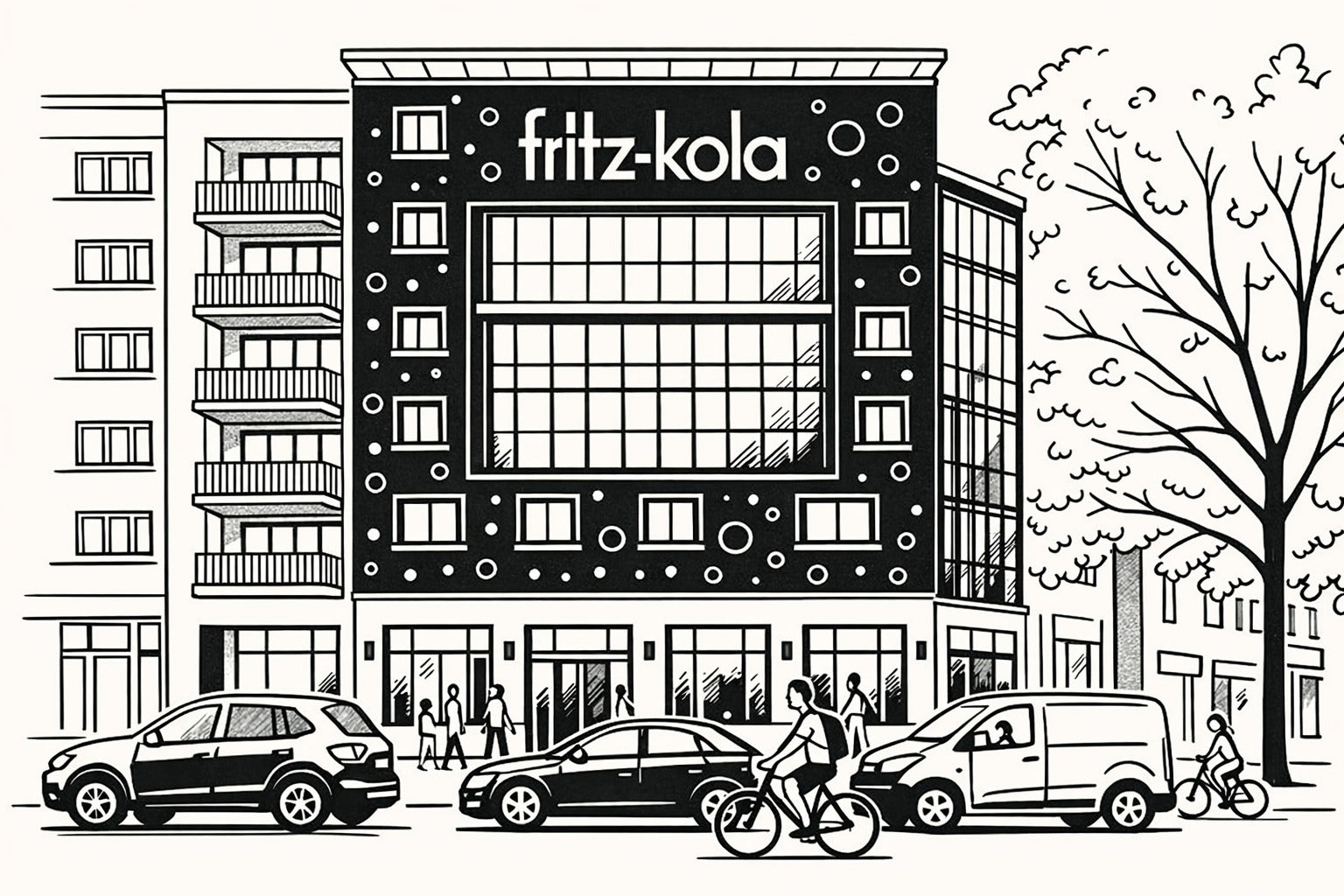 Illustration eines Gebäudes mit einer großen Fenster Front. Darüber ist das Logo "fritz-kola"