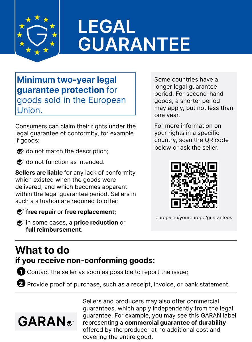 Images of the European label for the legal guarantee. All information is available at europa.eu/youreurope/garantien.
