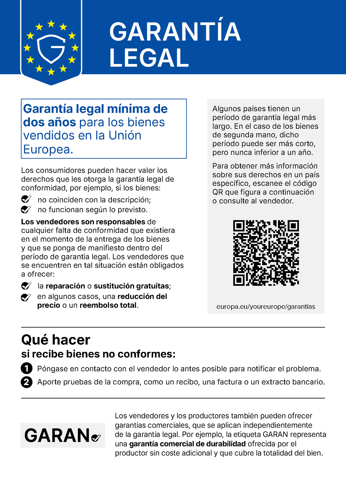 Imágenes de la etiqueta europea sobre la garantía legal. Toda la información está disponible en europa.eu/youreurope/garantien.