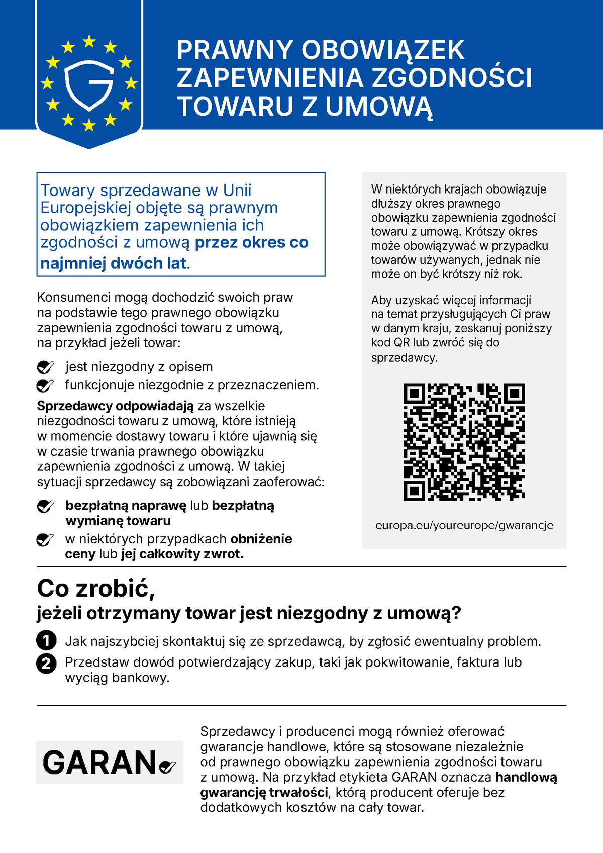 Grafiki przedstawiające europejskie oznaczenie dotyczące ustawowej gwarancji. Wszystkie informacje znajdują się na stronie europa.eu/youreurope/garantien.