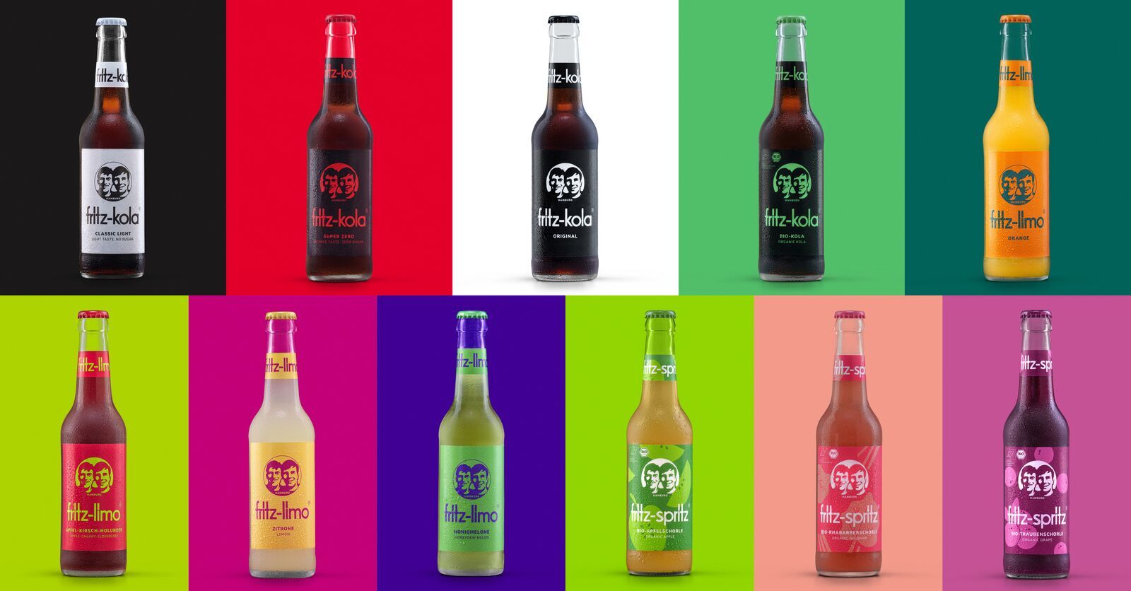 alle packshots des fritz-kola sortiments