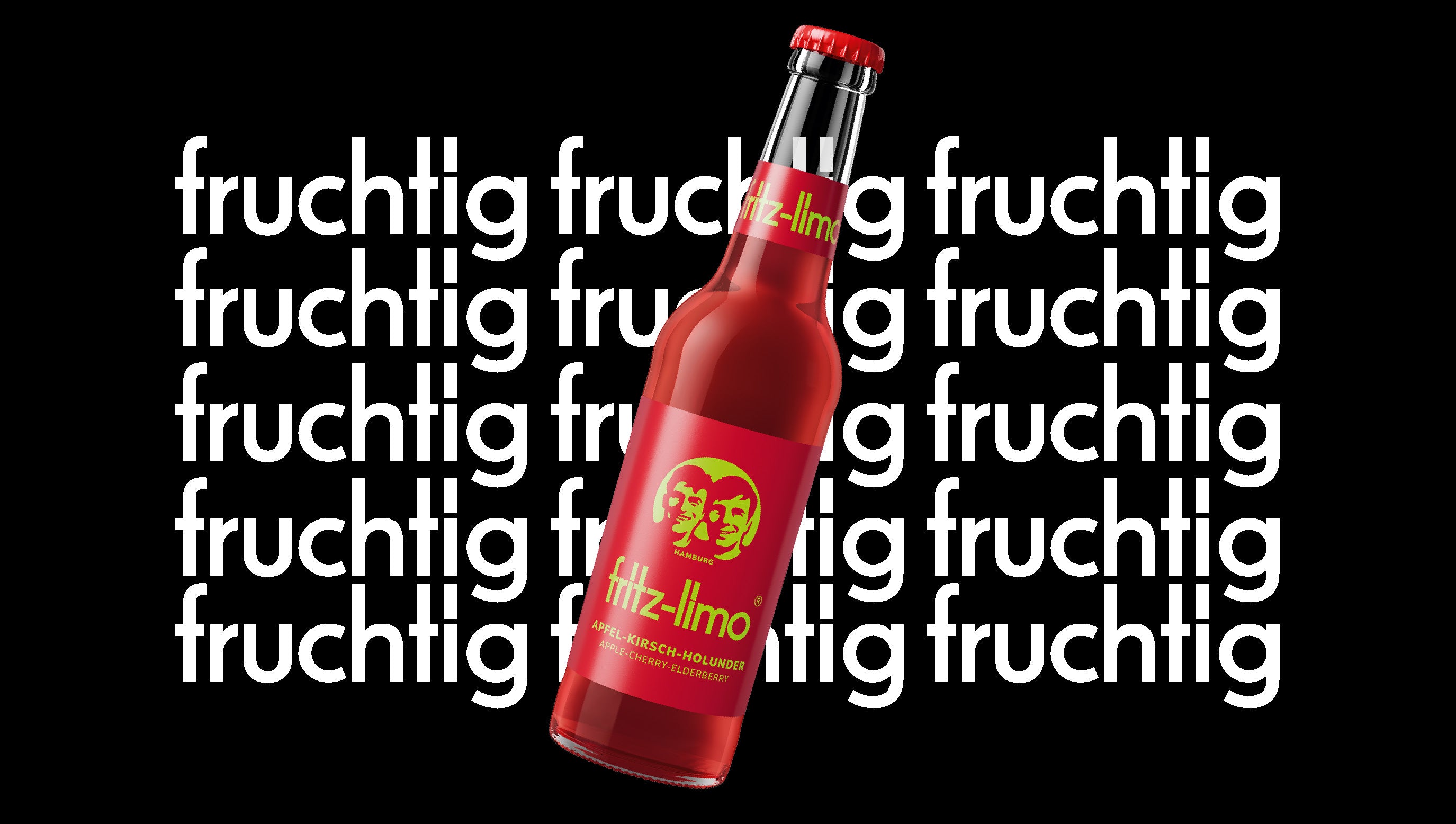 fritz-limo apfel-kirsch-holunder 0,33l Flasche ist vor einem schwarzen Hintergrund platziert, auf dem das Wort "bio" in weißer Schrift mehrfach wiederholt wird
