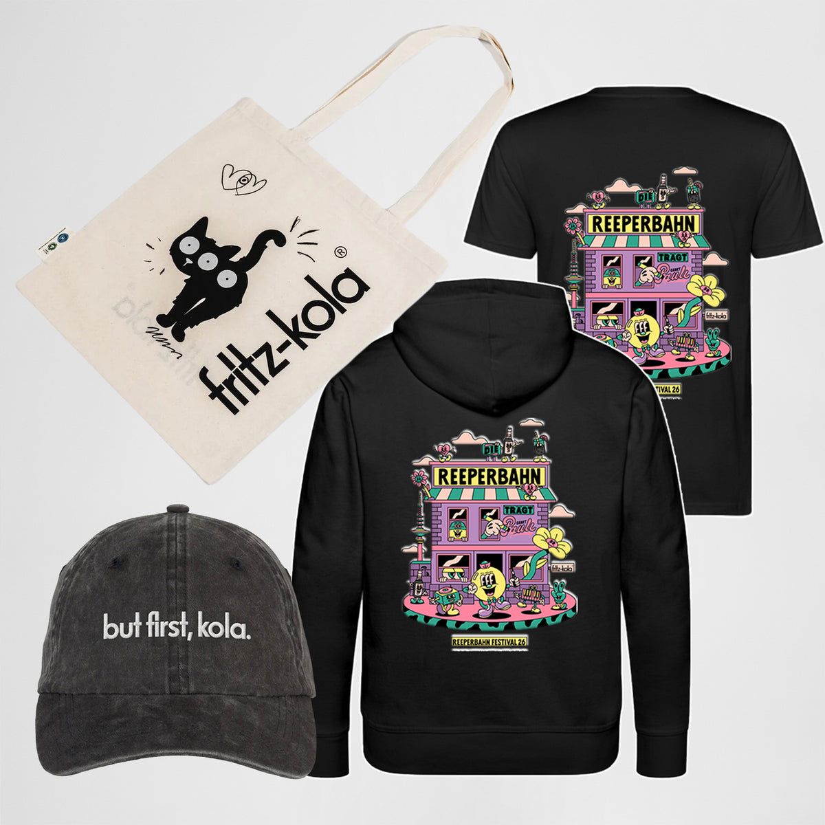 Produktbundle bestehend aus der limited edition zum reeperbahn festival (shirt und hoodie) sowie statement cap und jutebeutel mit dem Wachkatze Motiv
