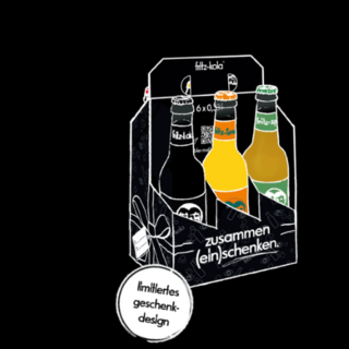 Eine gezeichnete Grafik zeigt ein Mischwerk an fritz-kola Getränken in einer Kartonhalterung. Auf diesem steht "zusammen (ein)schenken"