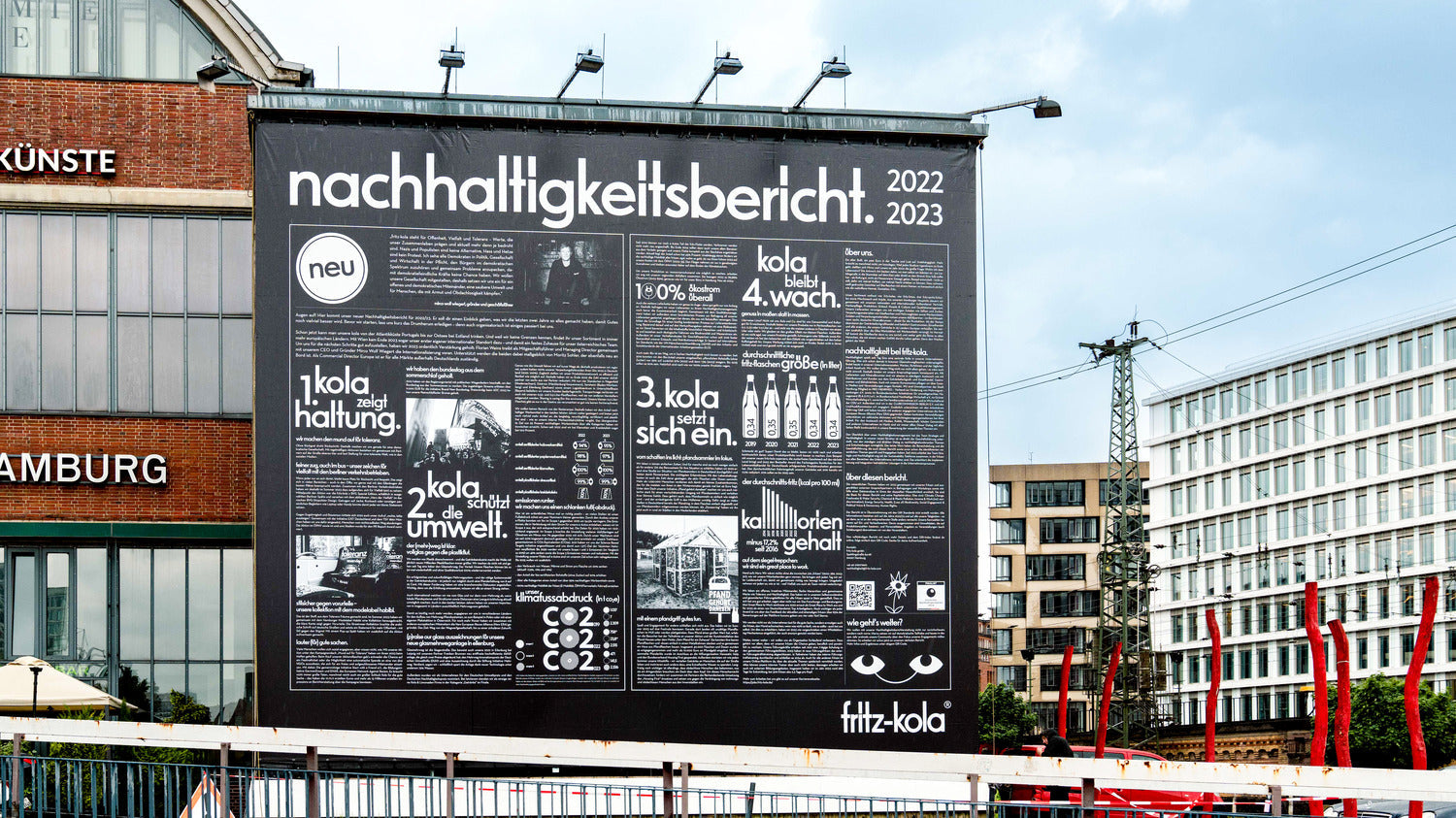 großes plakat mit dem titel „nachhaltigkeitsbericht“ an einer hausfassade, umgeben von gebäuden, straße mit geländer und parkenden autos im vordergrund