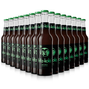 Mehrere fritz-kola bio kola Flaschen sind in Reihen angeordnet, sodass sie eine dreidimensionale Formation bilden. 