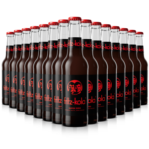 Mehrere fritz-kola suer zero  Flaschen sind in Reihen angeordnet, sodass sie eine dreidimensionale Formation bilden. 