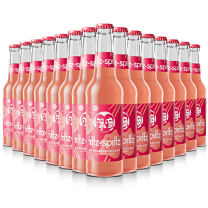 Mehrere fritz-spritz Rhabarber  Flaschen sind in Reihen angeordnet, sodass sie eine dreidimensionale Formation bilden. 