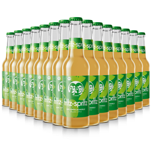 Mehrere fritz-spritz apfel  Flaschen sind in Reihen angeordnet, sodass sie eine dreidimensionale Formation bilden. 