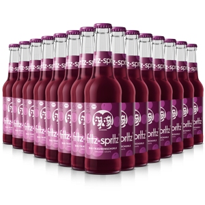 Mehrere fritz-spritz traube Flaschen sind in Reihen angeordnet, sodass sie eine dreidimensionale Formation bilden. 