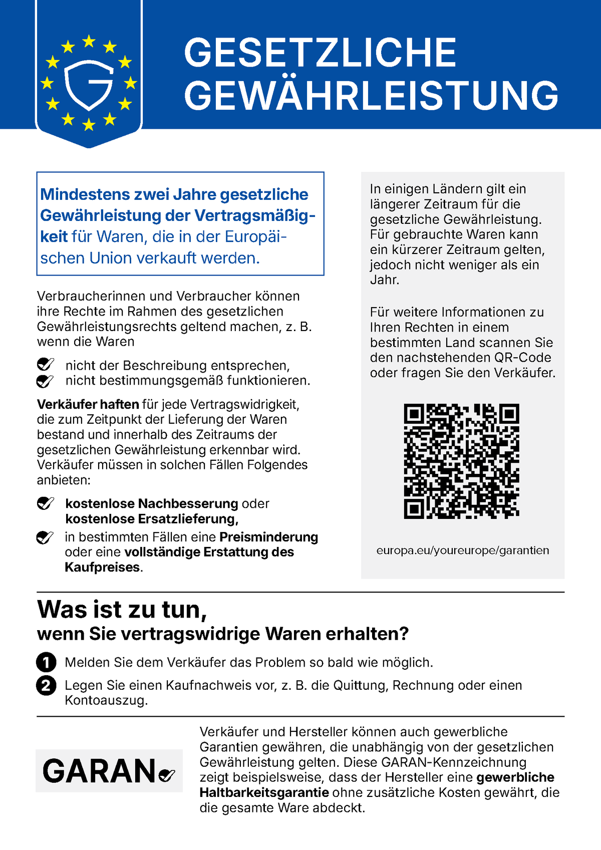 Abbildungen des europäischen Labels zur gesetzlichen Gewährleistung. Alle Informationen dazu unter europa.eu/youreurope/garantien