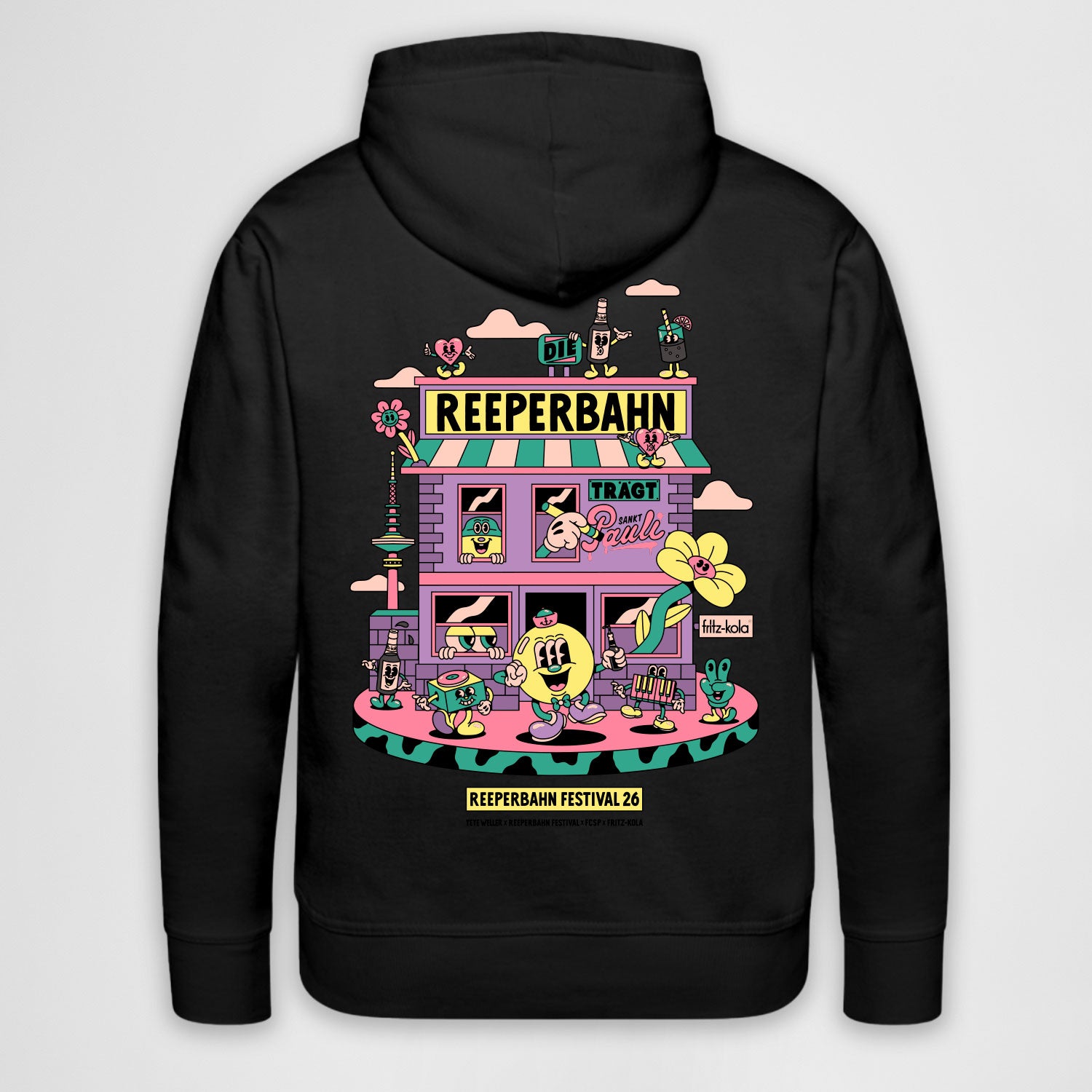 Schwarzer Unisex-Hoodie mit großem Yeye-Weller-Backprint. Das Motiv zeigt eine bunte Wimmelbild-Illustration rund um die Reeperbahn mit Hamburger Wahrzeichen, einer fritz-kola Flasche, Blumen und verschiedenen Figuren im typischen Yeye-Weller-Stil. Der Schriftzug „Reeperbahn Festival 26“ befindet sich unterhalb des Motivs.