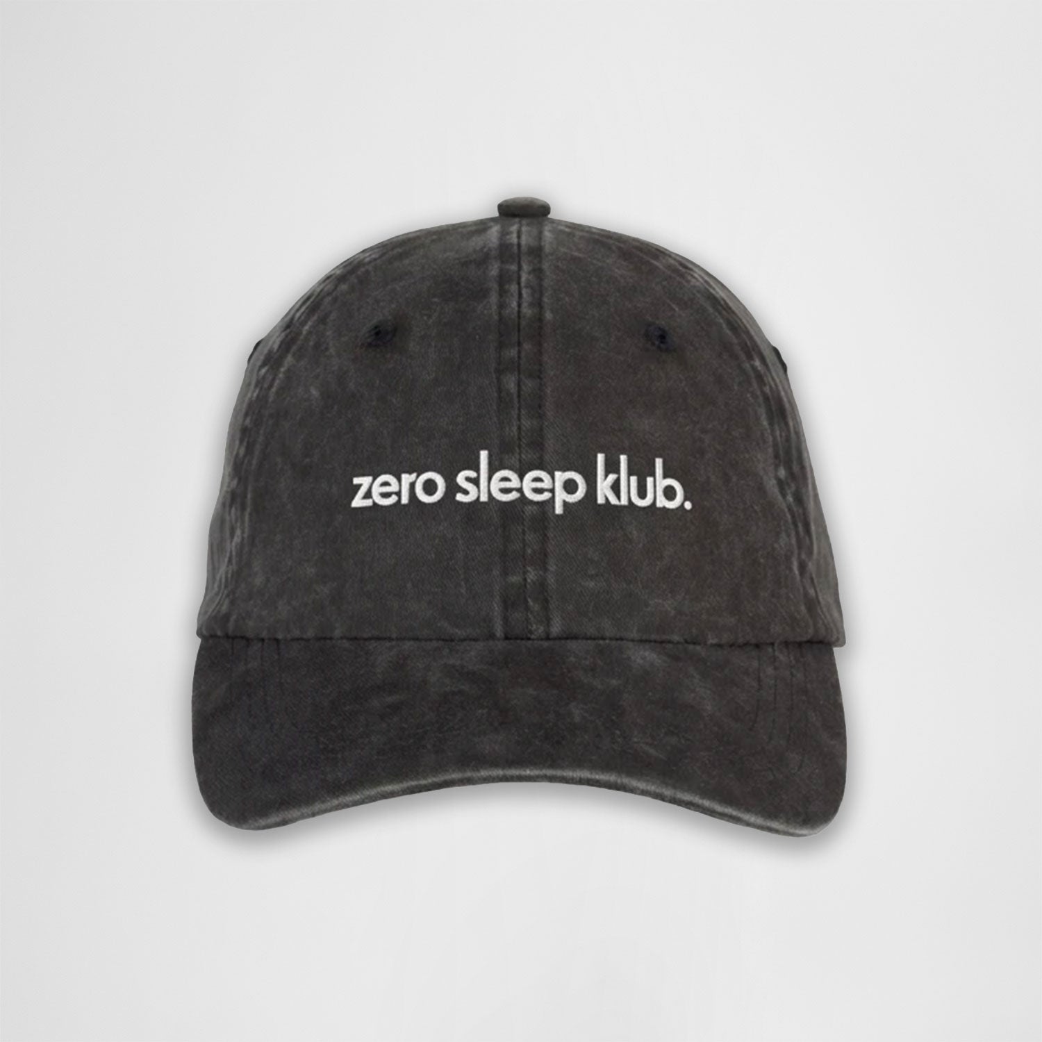schwarze ausgewaschene cap mit weißem stick "zero sleep klub."