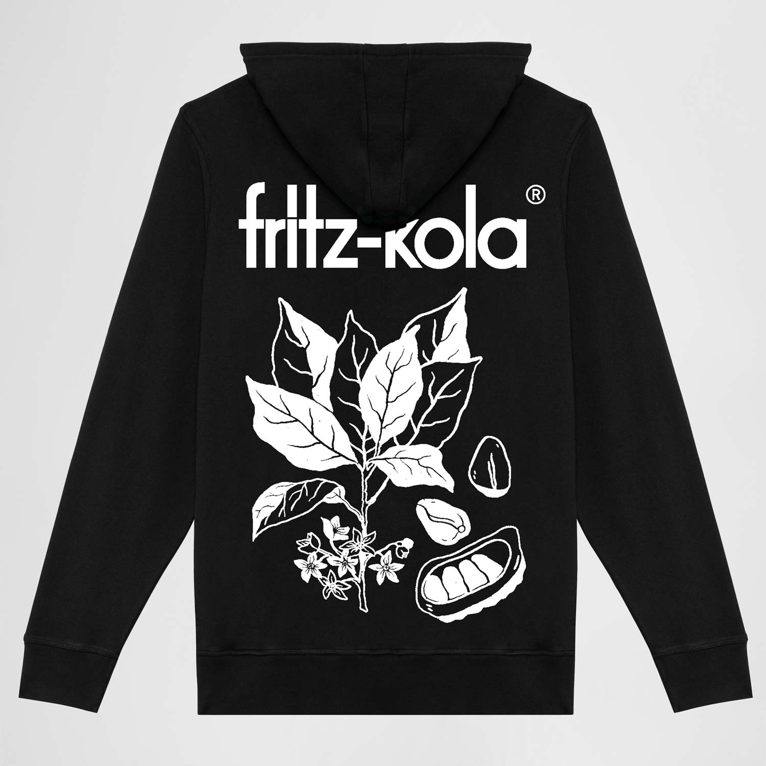 Rückansicht eines schwarzen Kapuzenpullovers mit großem fritz-kola Logo und botanischer Illustration  in weiß. Die Zeichnung zeigt eine Kaffeepflanze mit Blättern, Blüten und Kaffeebohnen, darunter eine aufgeschnittene Kaffeebohne. 